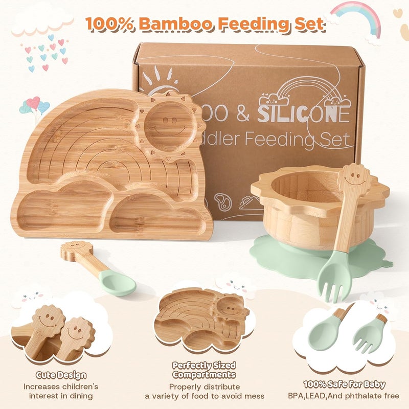 MingHoYo Bamboo Suction Plates Bowls Set for Baby Toddler - Includes Bamboo Bowl, Divided Plate, Silicone Fork & Spoon, All-Natural Baby Feeding Set for Baby-Led Weaning - Image 3